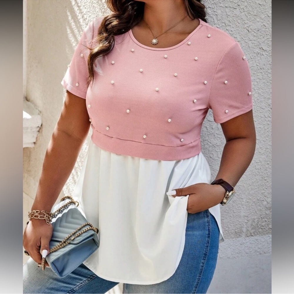 Plus 2 in 1 Color Block Faux Pearl Blouse 1X 2X 3X 4X